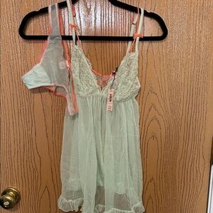 Victoria Secret Lace Trim Mint Green Babydoll Set
